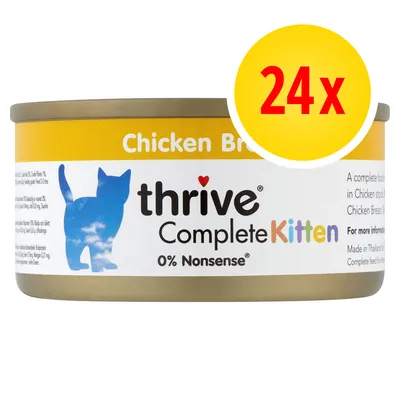 Confezione di cibo per gattini thrive Complete Kitten, 0% Nonsense, gusto Chicken Breast. Evidenziato cerchio giallo con testo rosso '24x'.