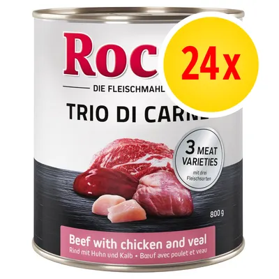 Rocco Trio di Carne, 24x, 3 meat varieties, Beef with chicken and veal, lattina da 800 g. Testo anche in inglese, tedesco e francese visibile sull'etichetta.