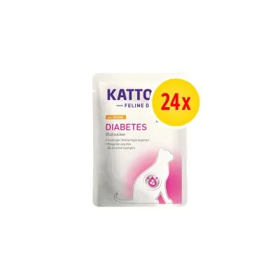 Kattovit Feline Diet Diabetes con pollo, confezione da 24x. Testo visibile: Blutzucker, niedriger Kohlenhydratgehalt, Regulierung eines Blutzuckerspiegels.