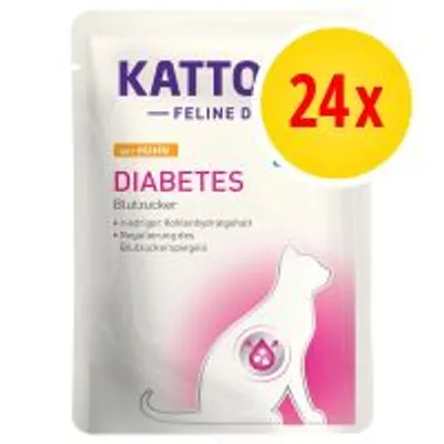 Kattovit Feline Diet Diabetes con pollo, confezione da 24x. Testo visibile: Blutzucker, niedriger Kohlenhydratgehalt, Regulierung eines Blutzuckerspiegels. Kattovit Feline Diet Diabetes con pollo, confezione da 24x. Testo visibile: Blutzucker, niedriger Kohlenhydratgehalt, Regulierung eines Blutzuckerspiegels.