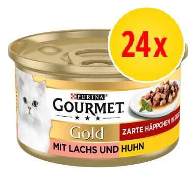 Purina Gourmet Gold kattmat, mit lachs und huhn, 24x. Bild på burk med vit katt och bitar i sås på tallrik. Text: zarte häppchen in sauce.