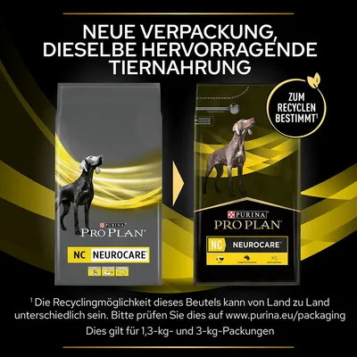 Purina Pro Plan Neurocare Tiernahrung. Neue Verpackung, dieselbe hervorragende Tiernahrung. Zum Recyceln bestimmt. Recyclingmöglichkeiten variieren je nach Land. Für 1,3-kg und 3-kg-Packungen.