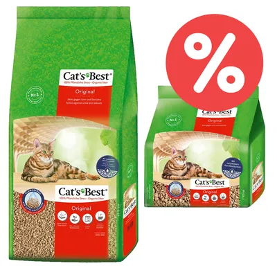 Cat's Best Original, 100% pflanzliche Streu, aktiv gegen Urin und Gerüche. Angebot mit rotem Prozentzeichen sichtbar.