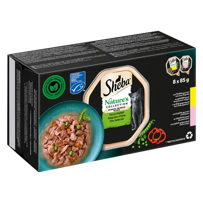 Sheba Nature’s Collection Sélection Mixte en sauce, boîte de 8 x 85 g. Texte visible : certifié MSC, vitamines ajoutées. Photo d’un plat avec morceaux de viande, pois et sauce.