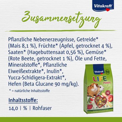 Vitakraft LIFE Power Hauptfutter für Meerschweinchen, Made in Germany, ohne Zuckerzusatz, mit Vitaminen, Mineralien, Immune Active, Dental Care und leichter Verdauung.