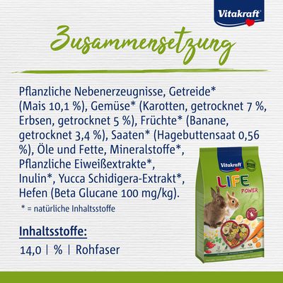 Vitakraft LIFE Power Hauptfutter für Zwergkaninchen, Made in Germany, mit Dental Care, Easy Digestion, Immune Active, ohne Zuckerzusatz, Vitamine und Mineralien.