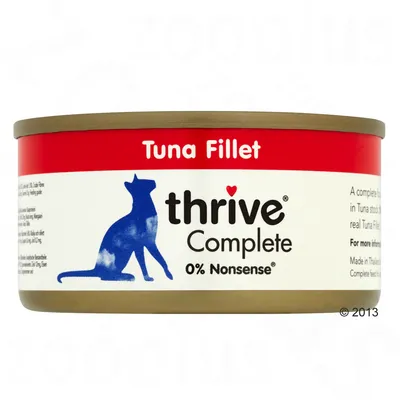 Thrive Complete macskaeledel, tonhalfilé ízesítés, 0% Nonsense, piros-fehér címkés konzerv.