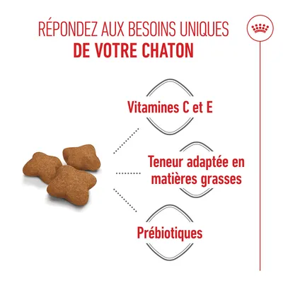 Réponses aux besoins uniques de votre chaton : vitamines C et E, teneur en matières grasses adaptée, prébiotiques. Trois croquettes brunes illustrées.
