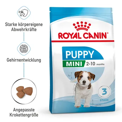 Royal Canin Puppy Mini 2-10 mesecev, močan lasten imunski sistem, razvoj možganov, prilagojena velikost briketov, 3 stopnje.