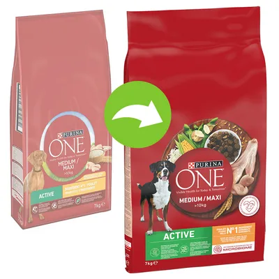 Porovnání starého a nového obalu krmiva Purina ONE Medium/Maxi >10 kg Active, 7 kg. Nový obal s vyobrazením psa, surovin a texty: 'POULET POULET N°1 INGREDIENT', 'MICROBIOME'.