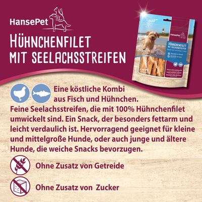 HansePet Hühnchenfilet mit Seelachsstreifen. Ohne Zusatz von Getreide und Zucker. Geeignet für kleine und mittelgrosse Hunde, besonders fettarm und leicht verdaulich.