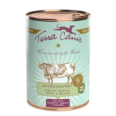 Terra Canis Hausmannskost for dogs, grain-free, beef with courgette, pumpkin & oregano, 100% natural.