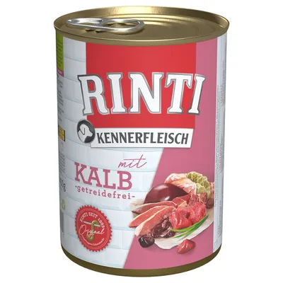 RINTI Kennerfleisch mit Kalb -getreidefrei- koiran märkäruokapurkki, kannessa vetorenksu, etiketissä lihapaloja ja vihanneksia. RINTI seit 1983 Original -merkintä.