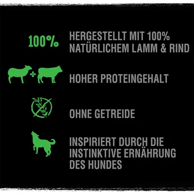 Hergestellt mit 100% natürlichem Lamm und Rind, hoher Proteingehalt, ohne Getreide, inspiriert durch die instinktive Ernährung des Hundes.