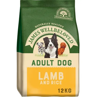 James Wellbeloved Adult Dog Lamb and Rice, 12 kg. Na pakiranju su slike tri psa i tekst: Complete Balanced Food, Hypoallergenic, Naturally Healthy.