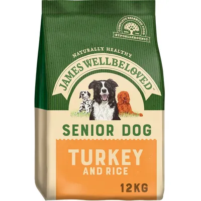 James Wellbeloved Senior Dog Turkey and Rice koiranruoka, 12 kg. Pakkauksessa kolme koirakuvaa ja teksti: Complete Balanced Food, Hypoallergenic, Naturally Healthy. James Wellbeloved Senior Dog Turkey and Rice koiranruoka, 12 kg. Pakkauksessa kolme koirakuvaa ja teksti: Complete Balanced Food, Hypoallergenic, Naturally Healthy.