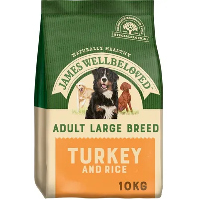 James Wellbeloved Adult Large Breed Turkey and Rice hondenvoer, 10 kg zak. Tekst: Naturally Healthy, Complete Balanced Food, Hypoallergenic.