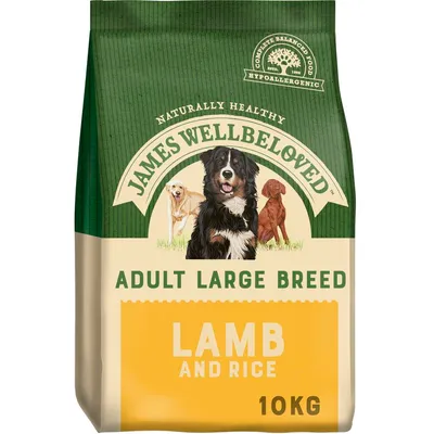 James Wellbeloved Adult Large Breed Lamb and Rice, 10 kg. Opakowanie z ilustracją trzech psów i widocznym napisem Hypoallergenic.