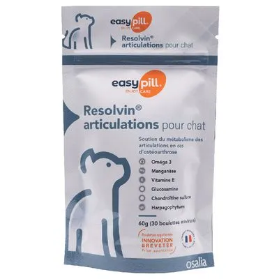 easypill Resolvin articulations pour chat, 60g (30 boulettes), ingrediënten: Omega 3, mangaan, vitamine E, glucosamine, chondroïtine sulfaat, harpagophytum. Tekst deels in het Frans.