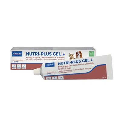 Virbac NUTRI-PLUS GEL, energy support, multivitaminen & mineralen voor katten en honden, tube 120 g. Tekst op verpakking in Engels en Frans.