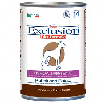 Dorado Exclusion Diet Formula, hypoallergenisk hundefoder med kanin og kartofler. Produkt fra Italien, veterinær opskrift, kornfri. Dorado Exclusion Diet Formula, hypoallergenisk hundefoder med kanin og kartofler. Produkt fra Italien, veterinær opskrift, kornfri.