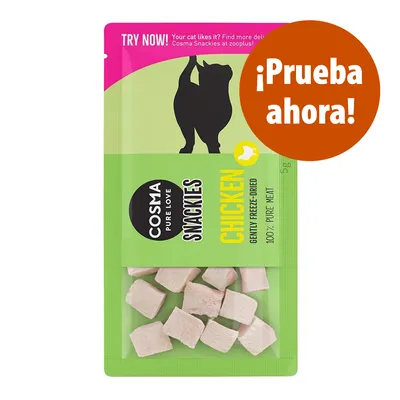 Cosma Pure Love Snackies Chicken, carne liofilizada 100 % pura. Texto visible: ¡Prueba ahora! Envase con trozos de snack para gatos.