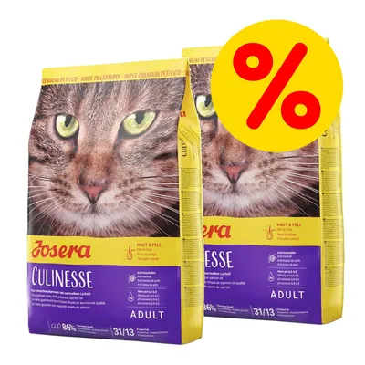 Josera Culinesse Adult Katzenfutter mit hochwertigem Lachsöl, Haut & Fell Pflege, Made in Germany. Angebot mit Prozentzeichen sichtbar.