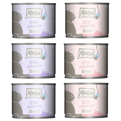 MjAMjAM Kitten wet food, varieties: exquisite veal and juicy chicken, grain-free, DE-ÖKO-001 certified.