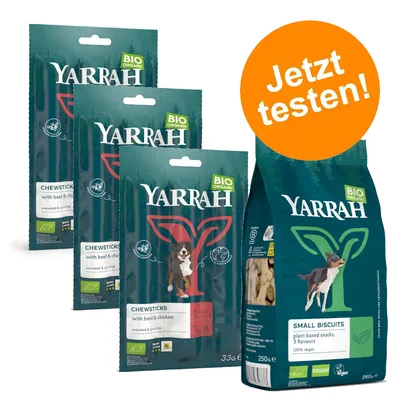 Yarrah Bio Organic Chewsticks mit Rind und Huhn, Small Biscuits pflanzliche Snacks, vegan. Jetzt testen! Verpackungen zeigen Produktdetails.