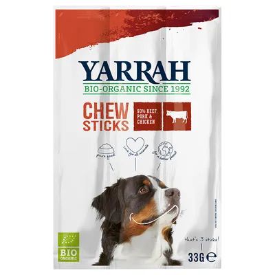 Yarrah Bio-Organic Since 1992 Chew Sticks, 93% beef, pork & chicken, BIO ORGANIC, 33 g. Tekst: pure food, care for all animals, for a better planet, that's 3 sticks!