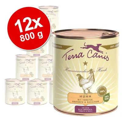 Lot de 12 boîtes Terra Canis Huhn 800 g, poulet avec tomates, amarante et basilic. Texte visible : 100 % Natur, Hausmannskost für Hunde, Chicken with amaranth, tomato & basil.