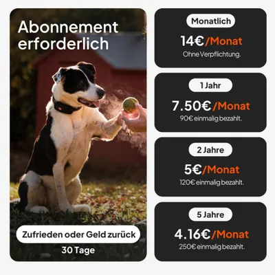 Abonnement erforderlich. Monatlich 14€/Monat, 1 Jahr 7,50€/Monat (90€ einmalig), 2 Jahre 5€/Monat (120€ einmalig), 5 Jahre 4,16€/Monat (250€ einmalig). 30 Tage Geld-zurück-Garantie.