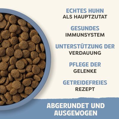 Echtes Huhn als Hauptzutat, gesundes Immunsystem, Unterstützung der Verdauung, Pflege der Gelenke, getreidefreies Rezept, abgerundet und ausgewogen.