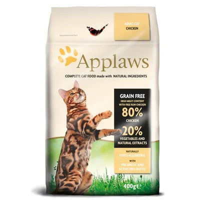 Applaws kattmat för vuxna katter med kyckling, spannmålsfri, 80% kött, 20% grönsaker och naturliga extrakt, hypoallergen, med pre- och probiotika, 400g förpackning.