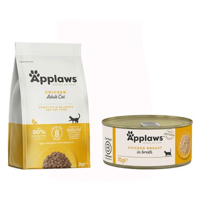 Applaws cibo completo per gatti adulti, sacco 2 kg Chicken with Extra Salmon, grain free, 80% pollo e salmone, 20% verdure. Sei lattine Applaws Tuna Fillet with Prawn. Simbolo percentuale offerta.