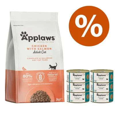 Applaws Adult Cat Chicken with Salmon droogvoer 2 kg en zes blikken Applaws Ocean Fish natvoer, oranje procentteken voor aanbieding zichtbaar.