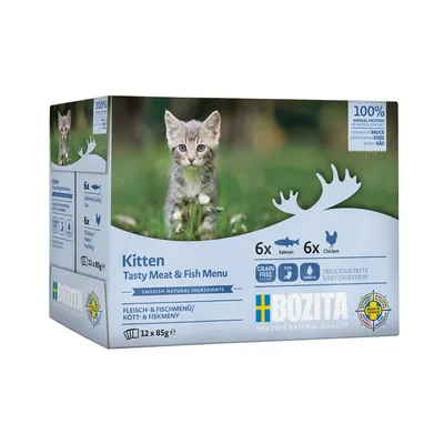 Bozita Kitten Tasty Meat & Fish Menu, 12x85g, med lax och kyckling, spannmålsfri, svenska naturliga ingredienser, lättsmält, 100 % animaliskt protein, tillverkad i Sverige.