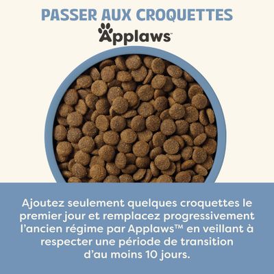 Applaws Conseil d’alimentation : Transition vers les croquettes Applaws sur au moins 10 jours, remplacer progressivement, ajouter seulement quelques croquettes le premier jour.