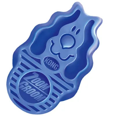 KONG Zoom Groom Bürste in Blau mit Hundemotiv, geeignet für Fellpflege und Massage.
