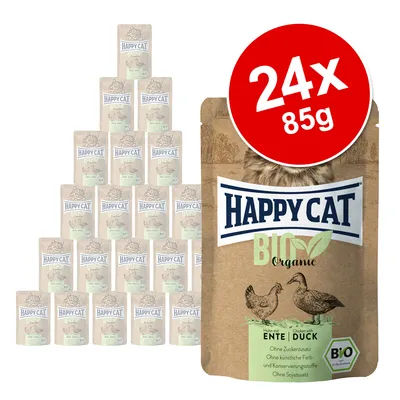 Happy Cat Bio Organic våtfoder, smak anka & kyckling, utan tillsatt socker, konstgjorda färg- och konserveringsmedel. Förpackning: 24x85g.
