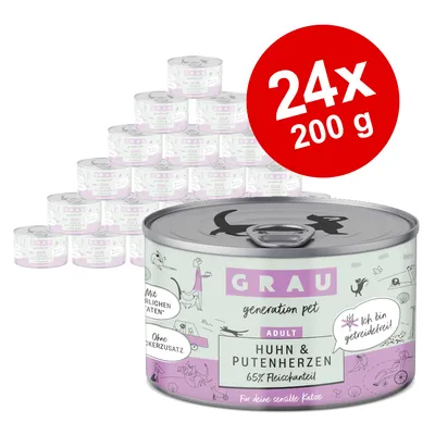 GRAU Adult kyckling & kalkonhjärta, 65 % köttandel, utan tillsatt socker, spannmålsfri. Förpackning med 24 burkar à 200 g för känsliga katter.