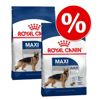 Zwei Royal Canin Maxi Adult Futtersäcke mit Bild eines großen Hundes und rotem Prozentzeichen für Rabattaktion.