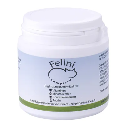 Felini Complete supliment alimentar cu vitamine, minerale, oligoelemente și taurină. Pentru suplimentarea cărnii crude și gătite.