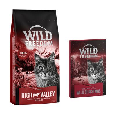 Wild Freedom Sterilised Wild Hills 6,5 kg a Dreamin' of a Wild Christmas 18 g zdarma. 100% grain-free recipe. Obaly s obrázkem kočky.