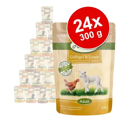 Pachet 24 x 300 g hrană pentru câini, Geflügel & Lamm, cu cartofi, păpădie și ulei de sâmburi de struguri. Ambalaj cu imagine găină și miel, text Adult.