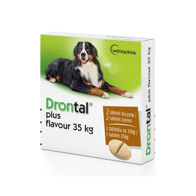 Opakowanie Drontal plus flavour 35 kg, Vetoquinol. Widoczne: pies, 2 tabletki dla psów, 1 tabletka na 35 kg. Tekst w języku polskim i litewskim.