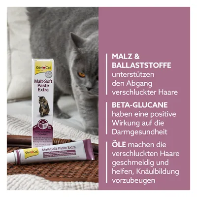 GimCat Malt-Soft Paste Extra Anti-Hairball Complex-szal. Maláta és rostok támogatják a szőrszálak távozását, béta-glükánok elősegítik a bél egészségét, olajok segítenek megelőzni a gombócok kialakulását.