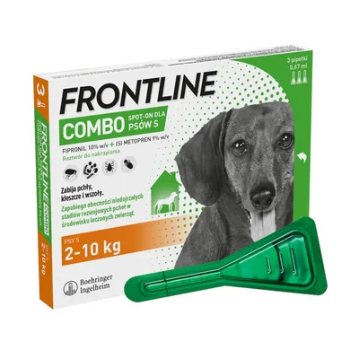 Frontline Combo Spot-On dla psów S 2–10 kg, 3 pipetki po 0,67 ml. Zawiera fipronil 10% i (S)-metopren 9%. Zabija pchły, kleszcze, wszoły. Boehringer Ingelheim.