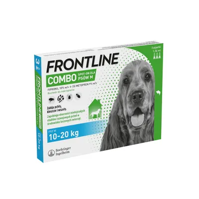Frontline Combo spot-on dla psów M, 3 pipetki po 1,34 ml. Zawiera fipronil 10% i (S)-metopren 9%. Na psy 10–20 kg. Zabija pchły, kleszcze i wszy. Boehringer Ingelheim.