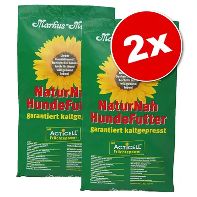 Lot de 2 sacs Markus-Mühle NaturNah Hundefutter, texte allemand visible : garantiert kaltgepresst, mit Acticell Früchtepower. Grand tournesol jaune sur chaque sac.